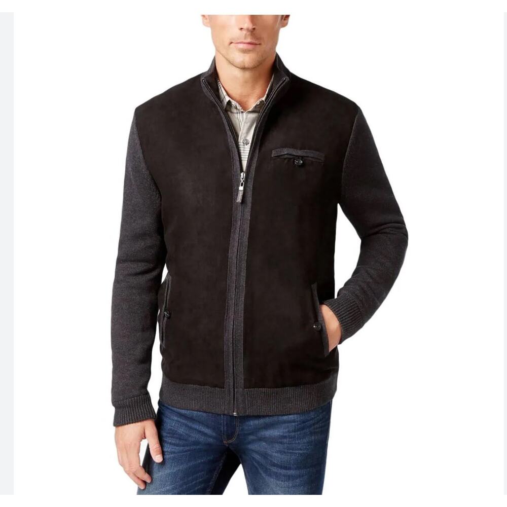 Tasso Elba Mens Faux Suede Knit Sweater/ Bomber Jacket Sz.Small Black NWT